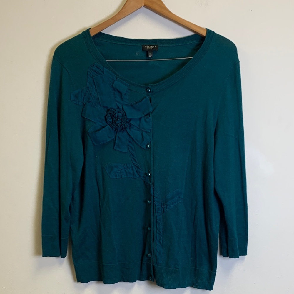 Talbots Teal Floral Applique Button Cardigan